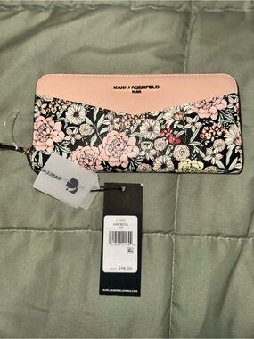 Karl Lagerfeld Black Floral Zip Wallet with tan Trim. NWT.
